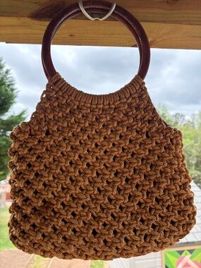 Handwoven Brown Crochet Tote Bag with Wooden Handles
